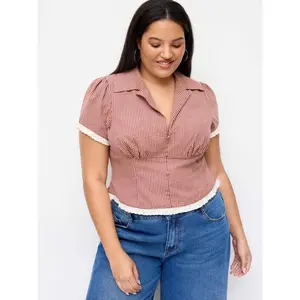 Cider Cotton-blend V-neck Gingham Lettuce Trim Broderie Anglaise Blouse Curve & Plus