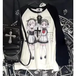 Japanese Subculture Sweet Long Shirt Anime Print Long Sleeve Top Casual Women Loose Harajuku Black White Patchwork Hoodie