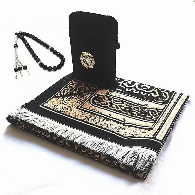 Prayer Rug Muslim Prayer Mat with Bag & Prayer Beads for Kids Men Women - Soft Thin Prayer Matt Islam for Eid Travel Ramadan Perfect Islamic Gifts Che