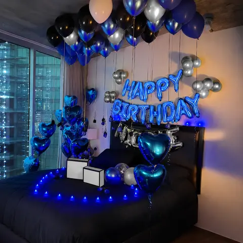 55pcs Blue-Black-Silver Birthday Balloon Set - Happy Birthday Foil Letter, Light Latex, Heart Foil Balloons, Wall & Photo Party Decorations, Flat-Pack for Simple Setup, Bold Look for Bedrooms, Rooms & Tables
