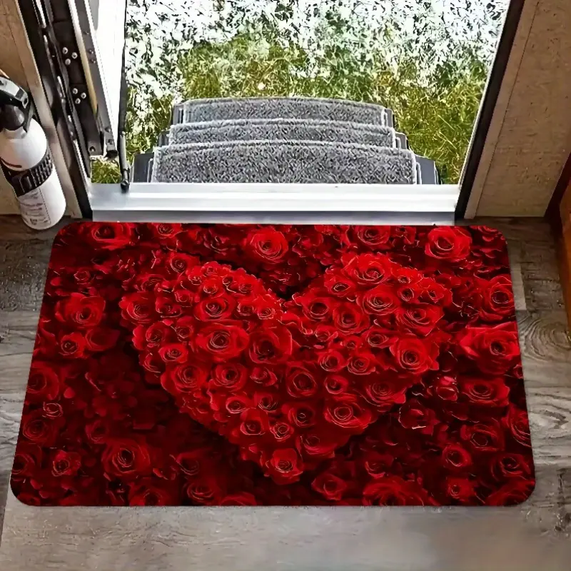1pc Romantic Valentine'S Day Love Heart Doormat Mat with Vibrant Red Roses Design Machine Washable Indoor/Outdoor Use for Bathroom Entryway or Holiday Home Decor Valentine'S Day Decor Valentine'S Day Gift Durable Doormat Valentines Decorations