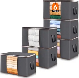 6 Pack Clothes Storage Bins with Lids, Foldable Blanket Storage Bags with Zippers, Clear Window and Reinforced Handles, Closet and Organization for Clothing, Sweater, Comforter, Bedding