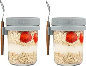 Overnight Oats Container with Lid and Spoons Set of 2,16 oz Glass Mason Overnight Oats Jars,with Measurement Marks, Large Capacity Airtight Jars for Milk, Vegetable and fruit Salad Storage Container. (Two grays)