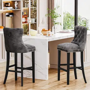 Hooseng 27"H Velvet Tufted Counter Bar Stools Set of 2, Upholstered with Backrest & Footrest, Chrome Nailhead Studs, Solid Wood Legs, Easy Assembly Kitchen Island Furniture