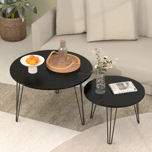 27.56'' Round Nesting Coffee Table Set of 2, Circular Nesting End Table Set, Round Marble Tabletop, and Sturdy Metal Base for Living Room, bedroom