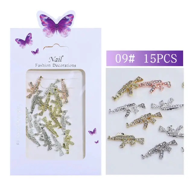 3D Rhinestone Nail Charm Gold Gun Design 15pcs/bag