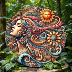 8" 2D Sun Moon Print Bohemian Grid Abstract Pattern Print Round Wall Art Weatherproof Bohemia Decor for Indoor/Outdoor Spaces Art Wall Decoration