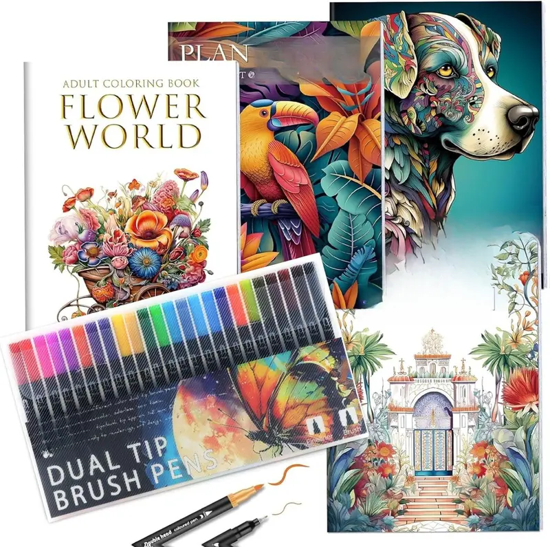 Coloring Book for Adults Relaxation, Mindfulness Coloring Book for Women with 24 Dual Tip Markers, Anxiety Relief Gifts for Women with 128 Patterns Include Plants Animals Flowers Garden Style (4 Pack)