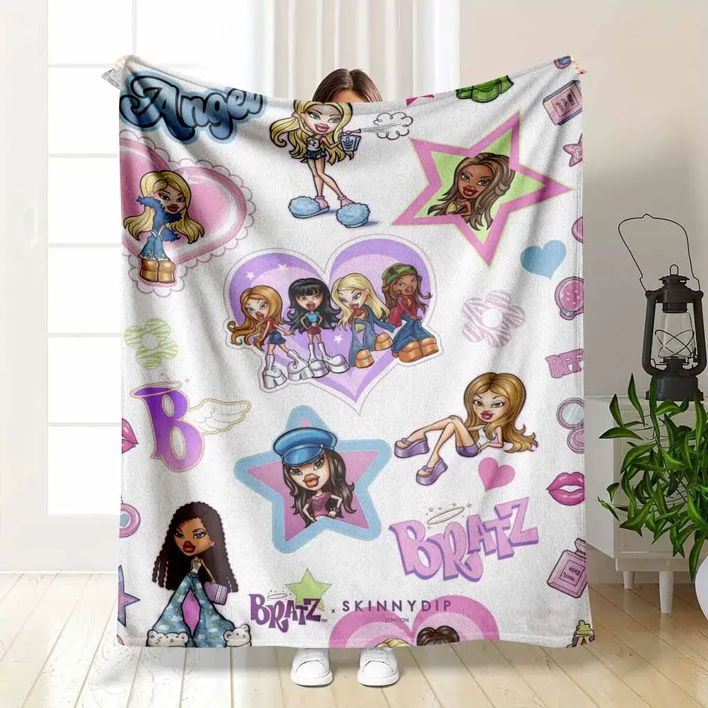 Bratz Girls Style Flannel Blanket Adorable Cartoon Print Soft Cozy Warm Throw Perfect for Sofa Couch Bed Decoration Ideal Gift for Teens Movie Nights Sleepovers Home Decor, Plush Bedding Blanket for Bedroom Living Room Dorm