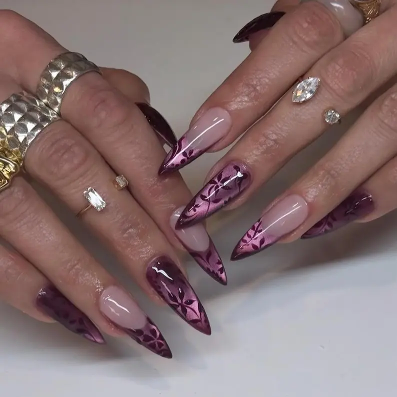 A33 Burgundy Ombre Press-On Nails, Gradient Wine Red with Floral Shadow Design, Glossy Nude Base, Long Stiletto Elegant Style, Date Night Nails, Gift for Her