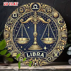 1pc Zodiac Sign Libra Round Aluminum Wall Art - Golden Mythical Symbols Metal Tin Sign, Rustic Decor for Home, Garage, Dining Room, Cafe, Indoor/Outdoor Use, 7.87x7.87 Inches, Cafe Wall Art | Zodiac Libra Art | Aluminum Wall Sign, Wall Decor, 2D Flat