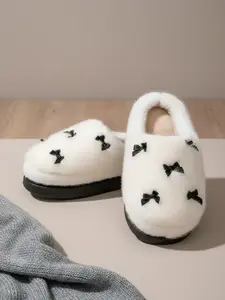 New Autumn Winter Plush Slippers with Bowknot Design, Indoor Home Thick Sole Non-Slip Warm Comfortable Women's Shoes