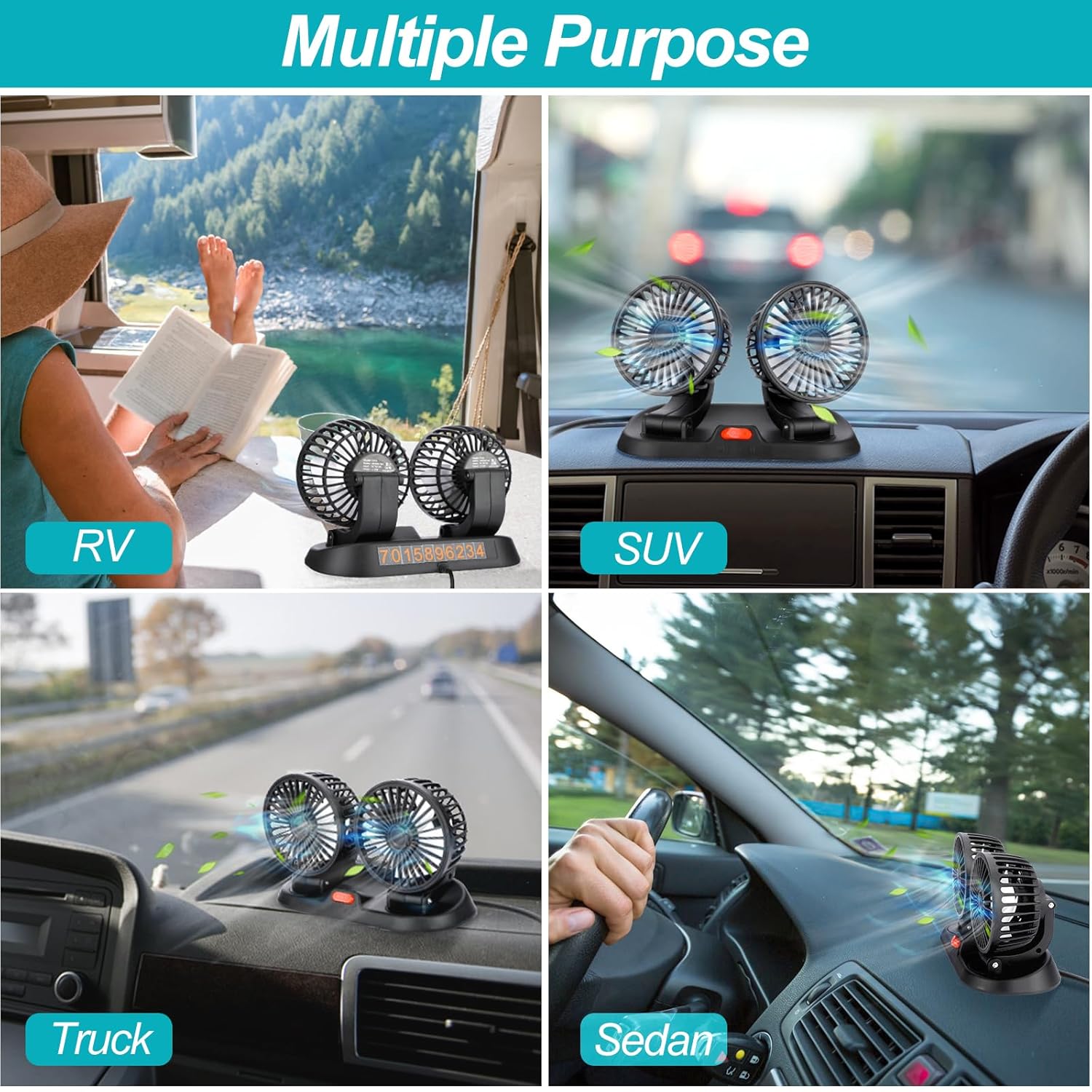 Dual Head Car Fan USB Powered, 360° Adjustable Strong Wind Cooling Fan, Quiet Portable Dashboard Fan for Car Truck SUV RV, Summer Auto Air Circulator for Front/Rear Seat
