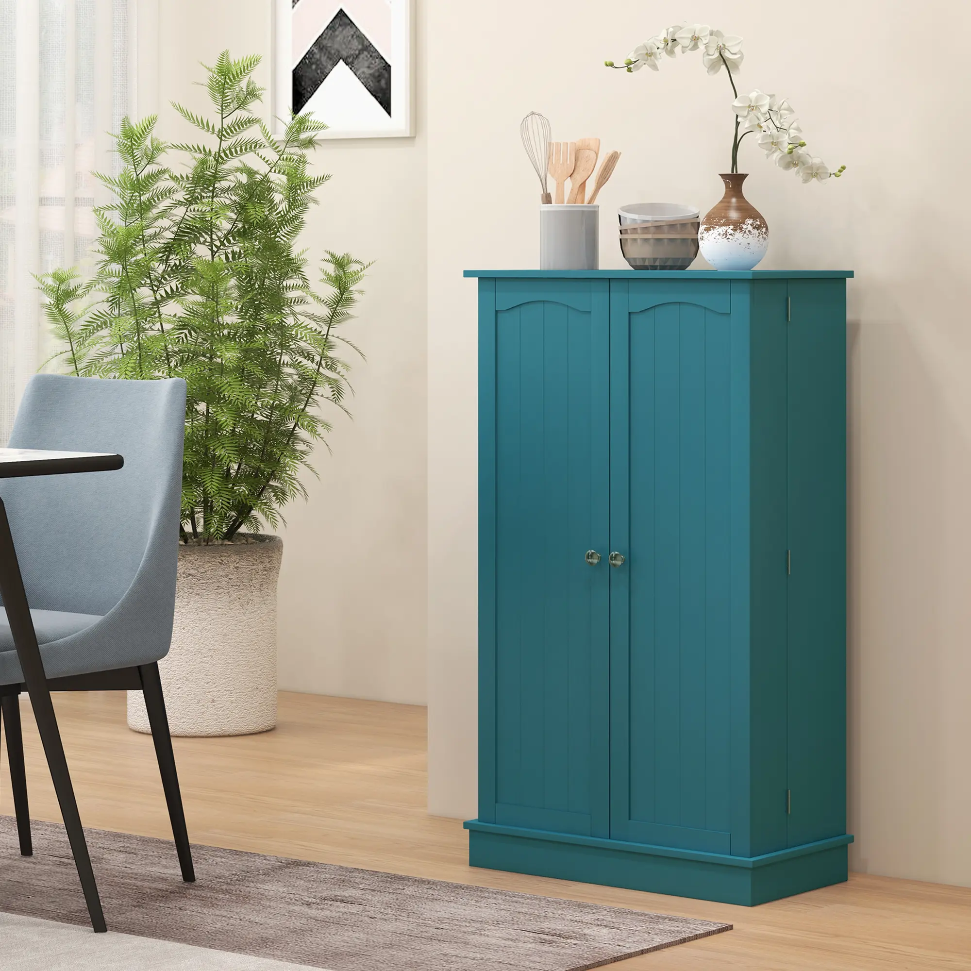 Freestanding Kitchen Floor Cabinet, 5-Tier Storage Cabinet with 12 Door Shelves and Double Doors, Blue Indoor Cupboard