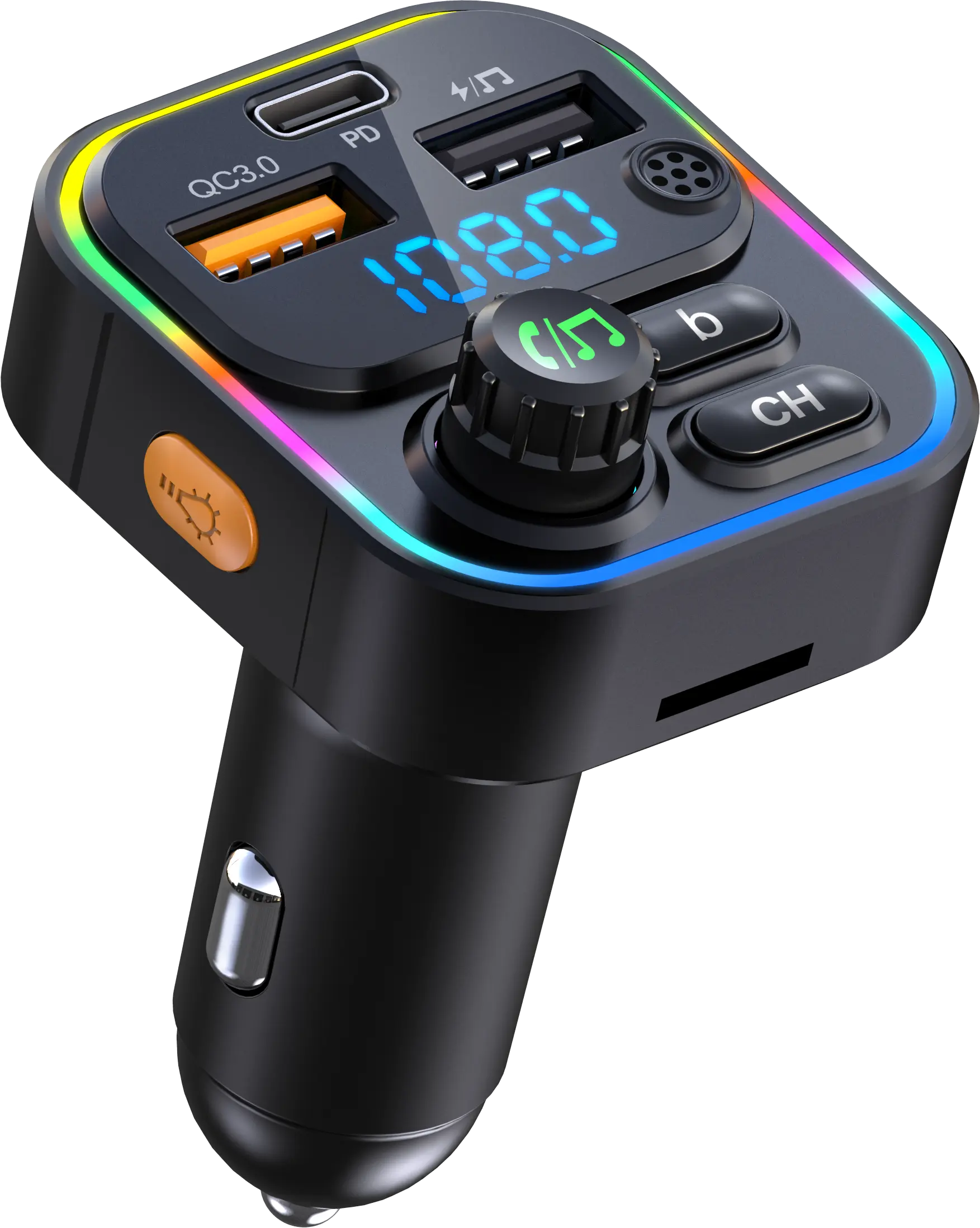 20W PD Bluetooth 5.3 FM Transmitter with 7 Color Ambient Lights QC3.0 Fast Charging