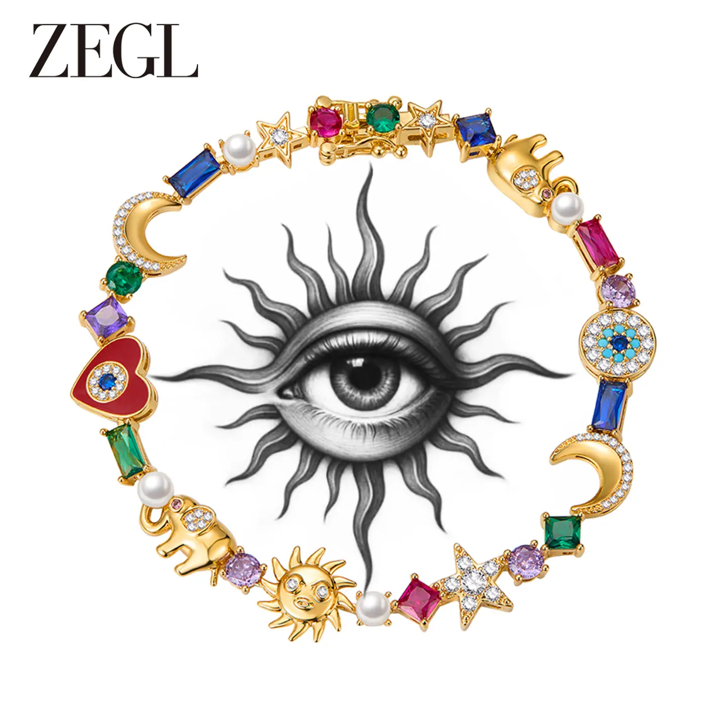 Zengliu 14K Gold-Plated Stackable Zirconia Bracelet for Women — Evil Eye, Lucky Elephant, Moon & Stars, Rainbow Bracelet: Valentine's Day, Birthday, Mother's Day Gifts Graduation Gift