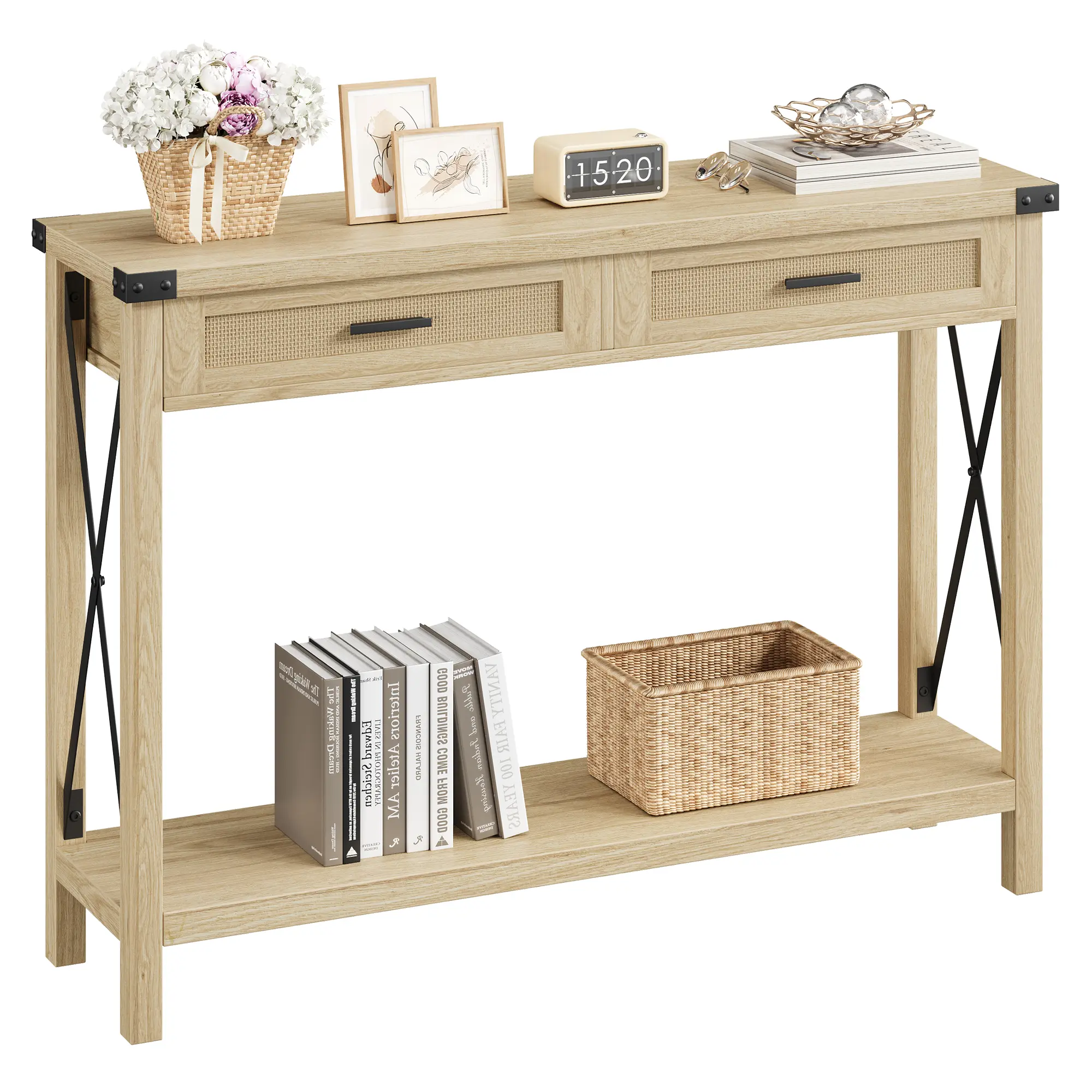 43" Farmhouse Entryway Table with Rattan Drawers - Grey Console Table with Storage for Living Room, Hallway & Foyer
