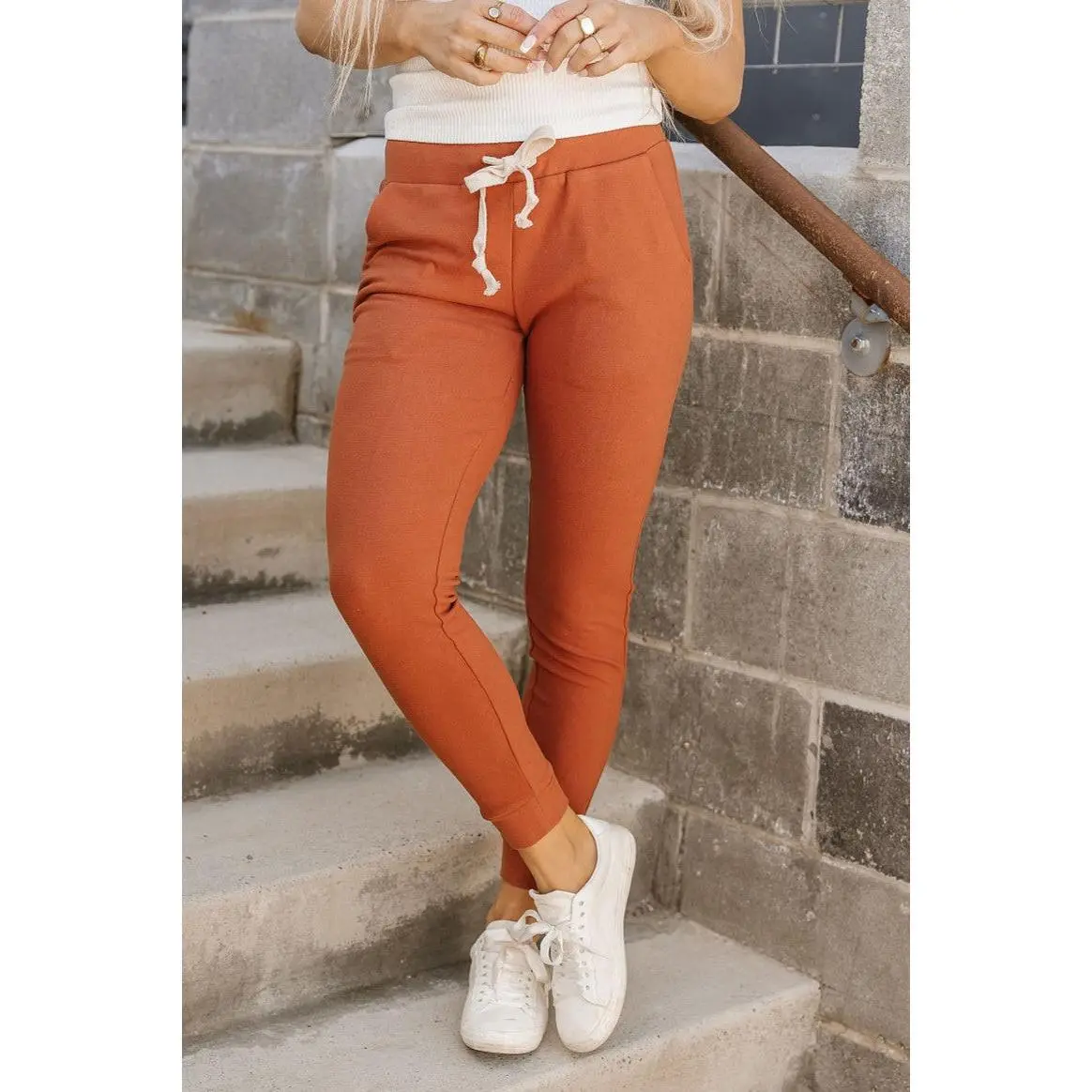 Performance Cotton Jogger Sweatpants - Burnt Orange Warm Triple-Stretch Fleece Fabric Women's Sports Joggers, Athleisure Wear with Drawstring Stretch Waist, Low-Profile Pockets, Sporty Chic, Size S