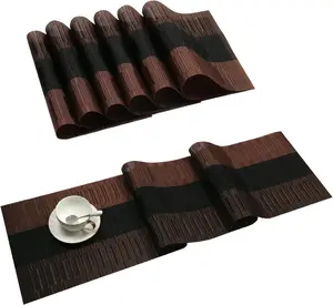Placemats with Table Runner Set of 7 Woven Vinyl Plastic Wipe Clean Heat Resistant Table Mats and Runner Set for Dining Table, Ombre Coffee Black Coasters Stylish