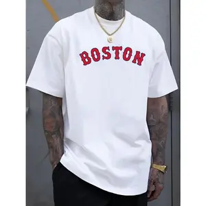 Men's Boston-Inspired Casual Tee - Cool, Comfortable & Stylish Letter Print Short Sleeve Shirt for Summer, Boston-inspired, Casual, Summer, Conventional Version, Leisure Style, Four Seasons