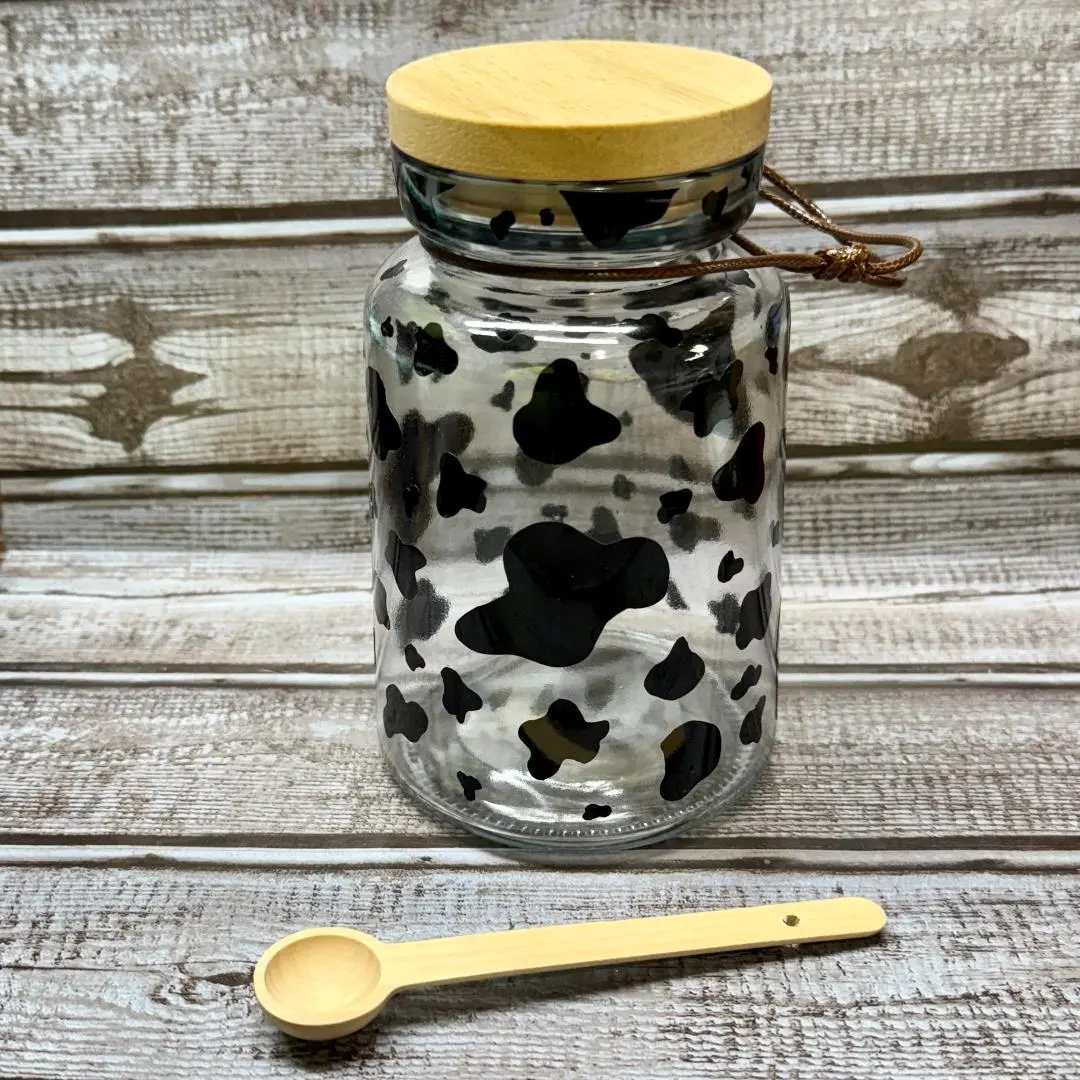 Cow Print Glass Jar with Wooden Spoon | Sugar Jar | Tea Jar | Bath Salt Jar | Glass Jar