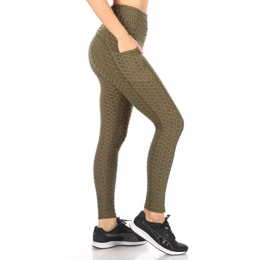 High Waist Honeycomb Textured Sports Leggings With Pockets - Dark Olive