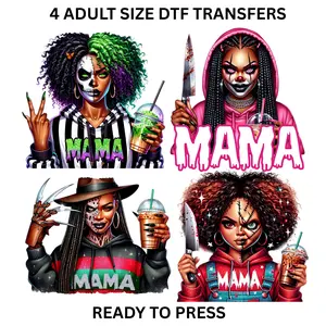 4 Adult Size DTF Transfers Full Color Mama Halloween Fall Sweater Season Ready to Press for T-Shirts, Sweatshirts, Hoodies