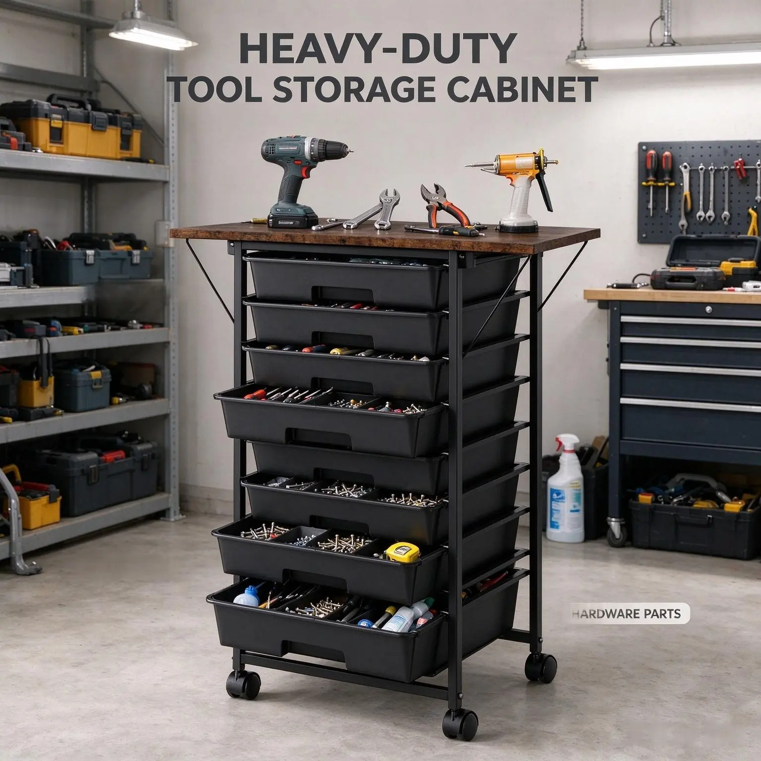 8-Drawer Tool Storage Cart with Black Frame, Brown Top, Rolling Wheels, Ideal for Organizing Tools & Hardware Supplies