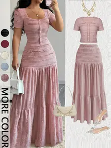 Women's Casual Elegant Party Sweet Cute Short Sleeve Square Neck T-Shirt and Half Skirt Set, Spring & Fall Fashion