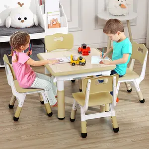 Kids Table & 4 Chairs Set, Height Adjustable Arts & Crafts Desk for Ages 2-10,,Graffiti Desktop, Non-Slip Legs, Max 300lbs, Children Multi-Activity Set for Classrooms,Daycares,Home