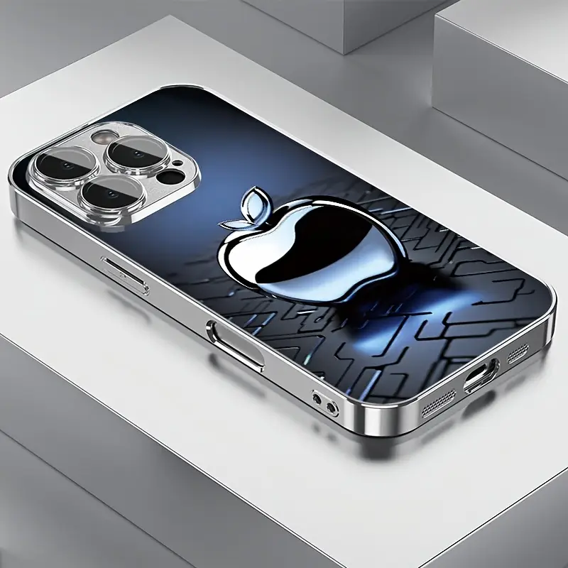 Technological Blue Metal Texture Reflective Apple Pattern Electroplated Glass Mobile Phone Case with Lens Protection Compatible with iPhone 16/15/14/1