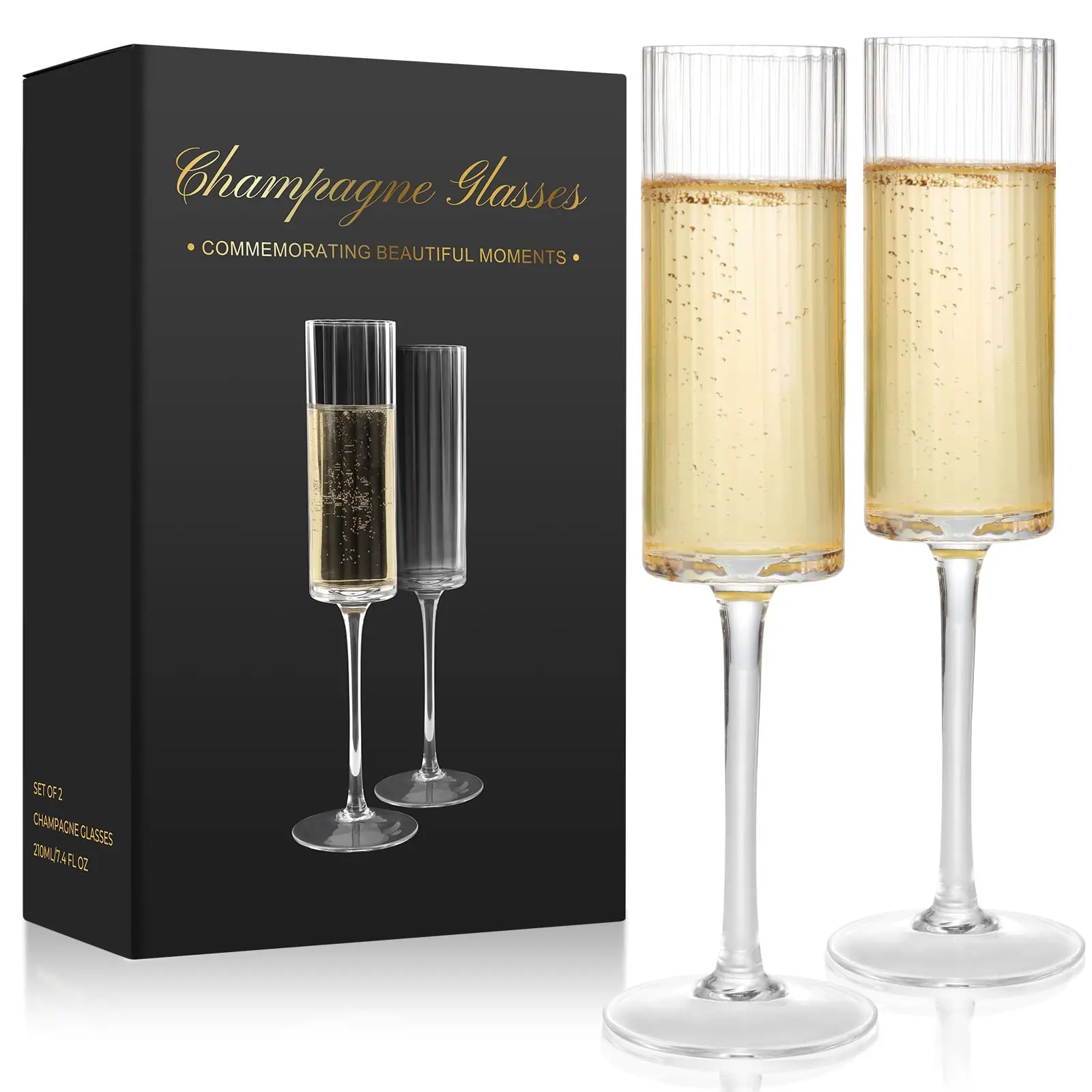 Ribbed Champagne Flutes Set of 2,7 oz Crystal Champagne Glasses,Vintage Unique Ridged Design,Clear Mimosa Glasses,Cocktail Glasses or Wedding Toasting Glasses,Inner Stripe
