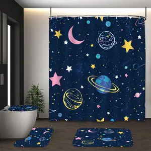 LVRLVR 4pcs Colorful Stars Planets Moon Cartoon Cute Space Theme Bathroom Set with Shower Curtain, Bath Rugs and Hooks - 70.8"×70.8" (180×180cm)