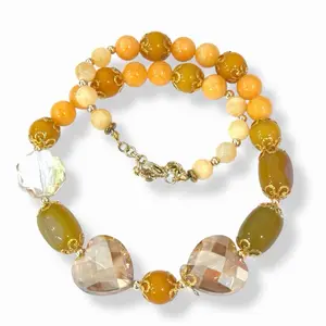 Yellow Jade Necklace 18 Inches with Golden Beads and Crystal Accents for Women AM1213