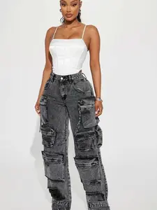 Millie Non Stretch Ripped Cargo Jeans - Acid Wash Black