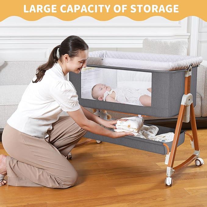 Baby Bassinet Sleeper, 6 Height Adjustable Cribs, Easy to Fold Portable Crib Side Bassinet, Swing Cradle Bed Side Sleeper with Ventilated Net&Wheels