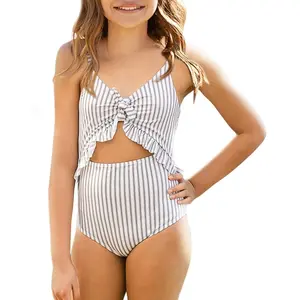 Girls One Piece Cutout Ruffle Swimsuits Kids Floral High Waisted Tie Front Bathing Suits