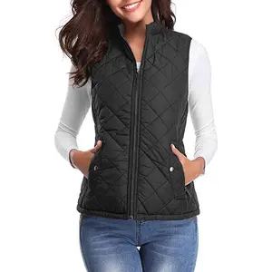 Women's Elegant Quilted Puffy Vest Fall Winter Zip up Sleeveless Lapel Patch Vest with Pockets Casual Polyester Tops Navy Blue Fitted Chic Design Soft Lightweight Fabric Ideal for Cool Days Layering Daily Wear Outdoor Errands Womens Casual Winter Outerwea