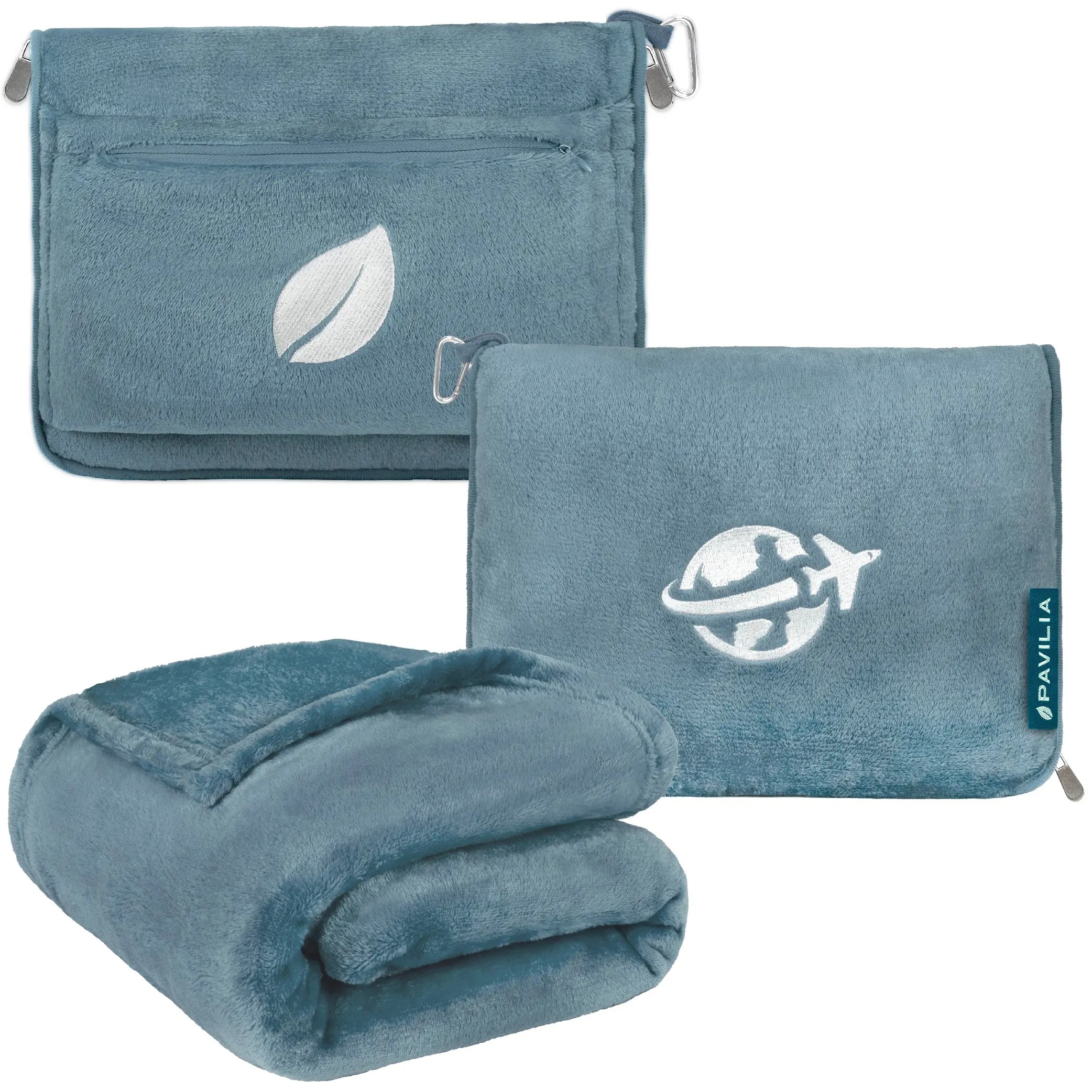 PAVILIA Travel Blanket and Pillow, Arms Opening Airplane Blankets for Adults, Compact Plane Blanket with Arm Hole 2-in-1 Bag for Flight Car Camping Fit in Luggage Backpack Traveler Gift