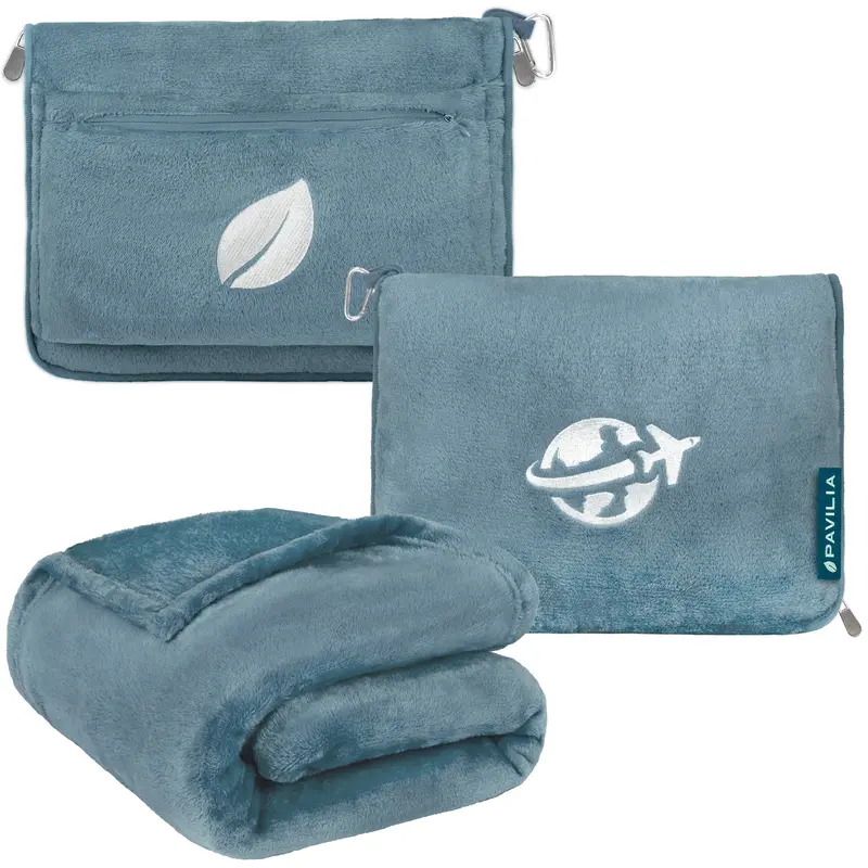 PAVILIA Travel Blanket and Pillow, Arms Opening Airplane Blankets for Adults, Compact Plane Blanket with Arm Hole 2-in-1 Bag for Flight Car Camping Fit in Luggage Backpack Traveler Gift
