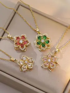 Spinning Necklace for Women Gold Flower Fidget Necklace Rotatable Crystal Blossom Pendant Adjustable Fidget Necklace Redbud Flower Valentine's Day Jewelry