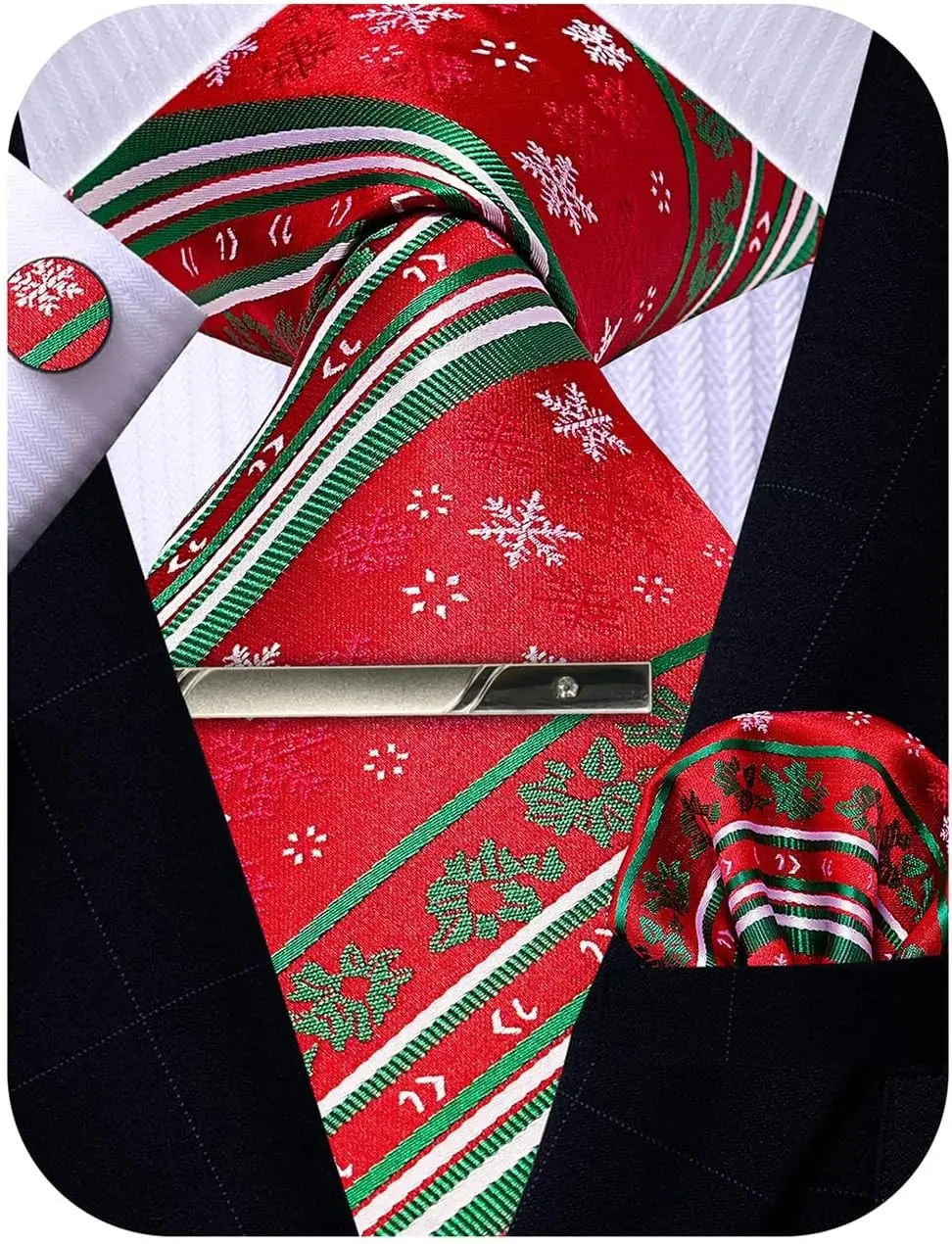 Christmas Tie Pocket Square Cufflinks and Clip Set, Snowflake Tie with Handkerchief for Men