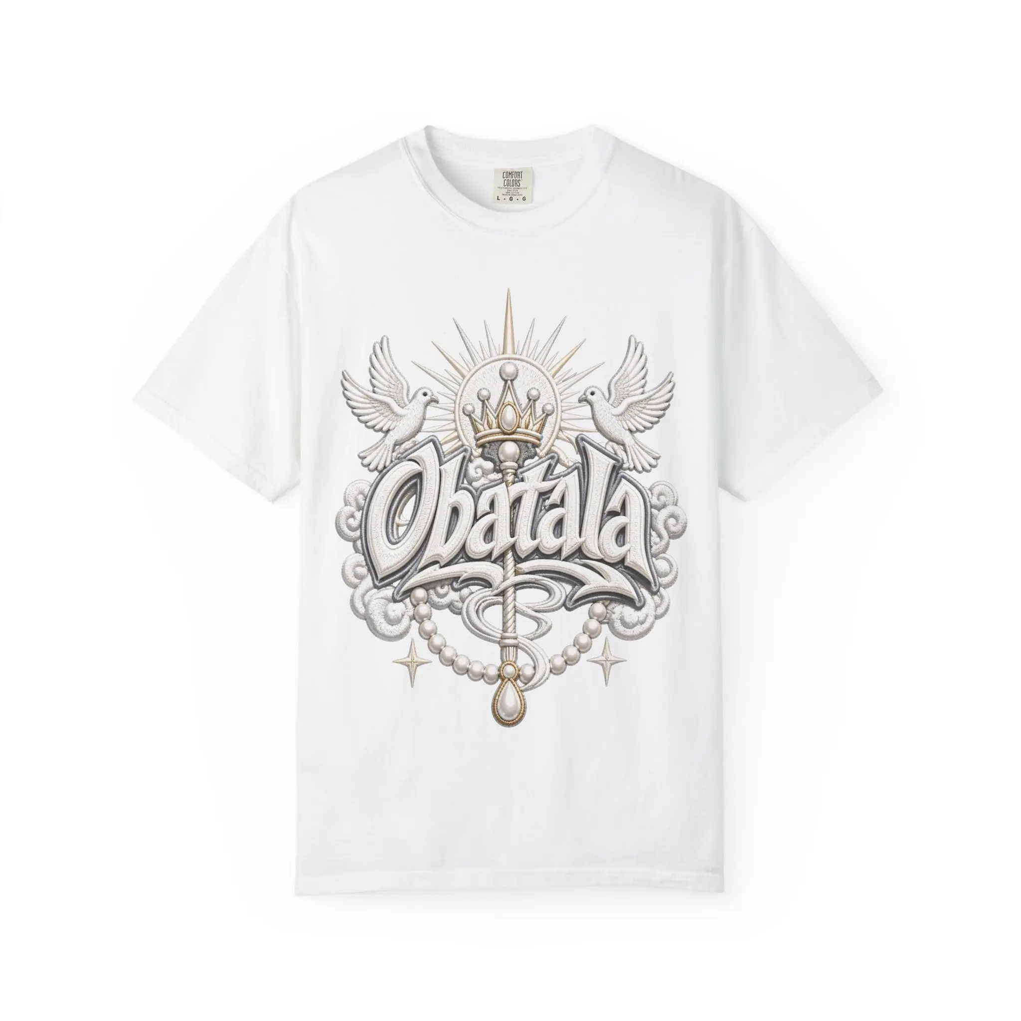 Obatala Orisha Art | Yoruba King of White Cloth | Lukumí Santería Gift | Dove Crown Pearl Design | Afro-Spiritual Streetwear Urban Wear | Unisex Garment-Dyed T-shirt