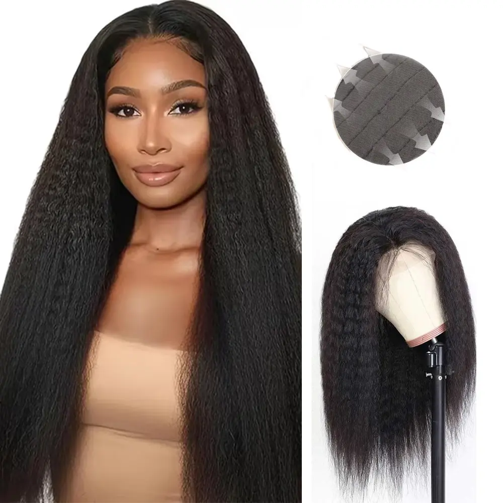 Kinky Straight Full 13X4 Transparent Lace Frontal Wigs Yaki Straight 180% Density Human Hair Full Frontal Lace Wigs Preplucked Natural Hairline Natural Black Color