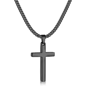 Cross Necklace for Man, Black Mens Cross Necklaces with 3.5mm Cross Chain and Stainless Steel Cross Pendant, Cuban Chain 16-24 Inch