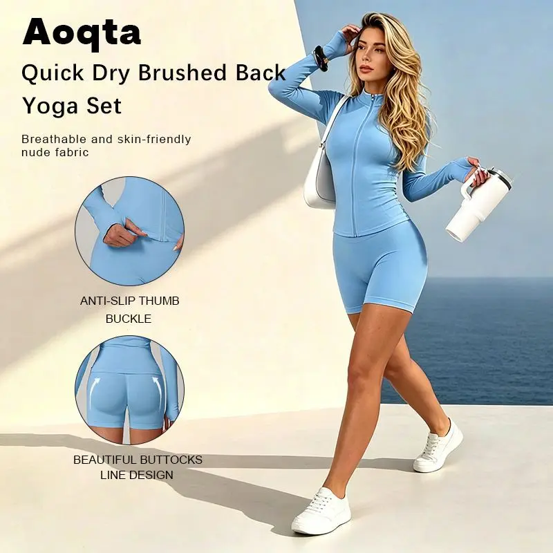 Aoqta Women's 2-Piece Gym Sports Sweat Suit - Slim Fit Long Sleeve Zip-Up Jacket, High Waist Tummy Control Butt-Lifting Biker Shorts, Stretch Set for Workouts, Long Sleeve Zip Front Two-Piece Women's Sports Sweat Suit, Set Women's Sports Sweat Suit