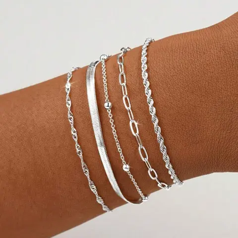 Elegant Stackable Bracelet Set for Women, Bracelet Combination Set, 5-Piece Daily Wear, Random Bead Count, Standard Fixed Length, Perfect for Everyday Use, Stackable Bangle Bracelets, Minimalist Chain Bangles, Stacked Bracelets