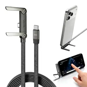 2 in 1 USB C to USB C Charger Cable with Invisible Stand, 60w Fast Charging Braided Cord and Phone Stand Compatible with iPhone,Samsung and Android Phone,Type C Charging Cable,Sideways Phone Charger