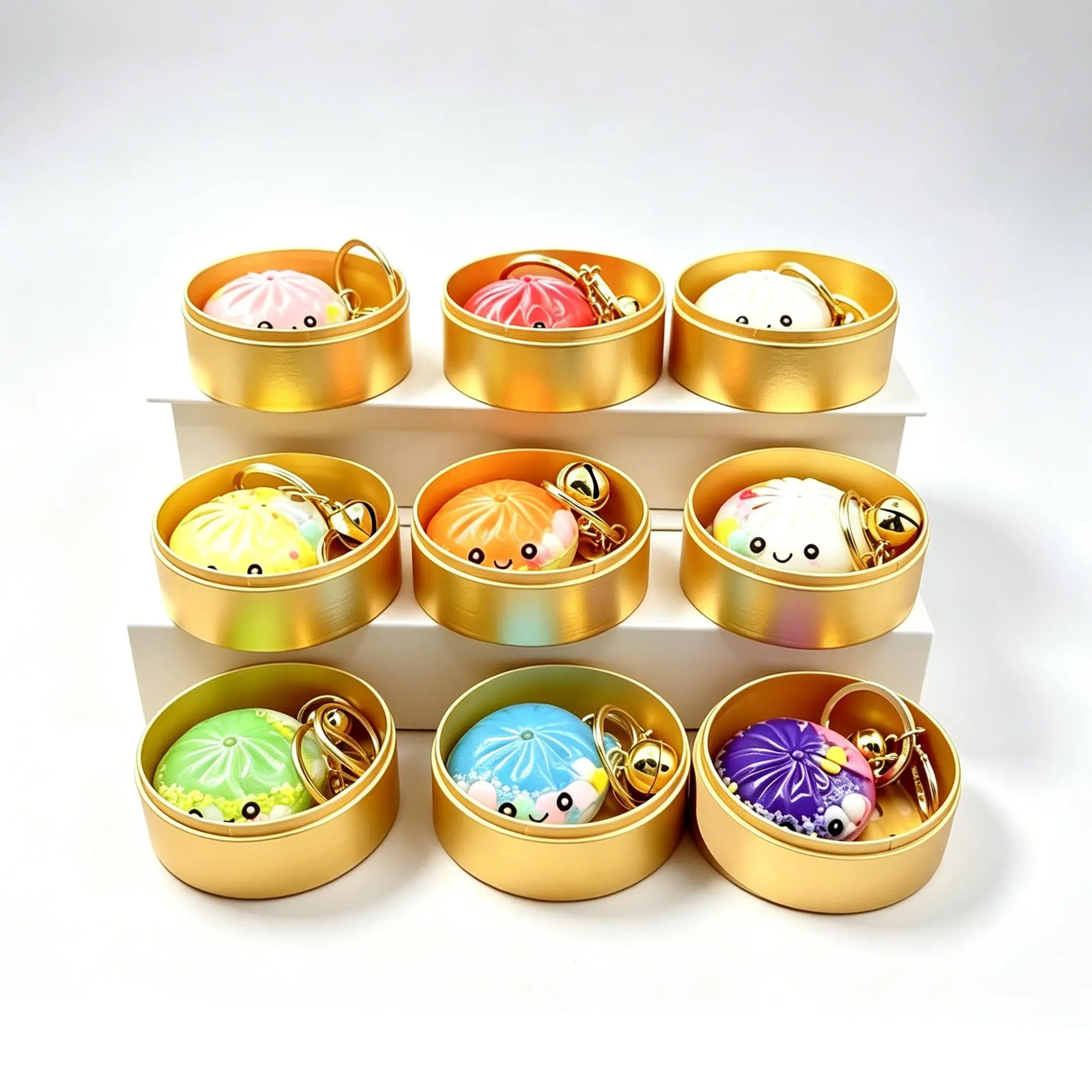 Cute Mini Bun Liquid Floating Keychain with Mini Simulation Steamer Box, Kawaii Steamed Bun Food Charm Pendant for Backpack Purse, Novelty Dumpling Key Ring Gift for Child