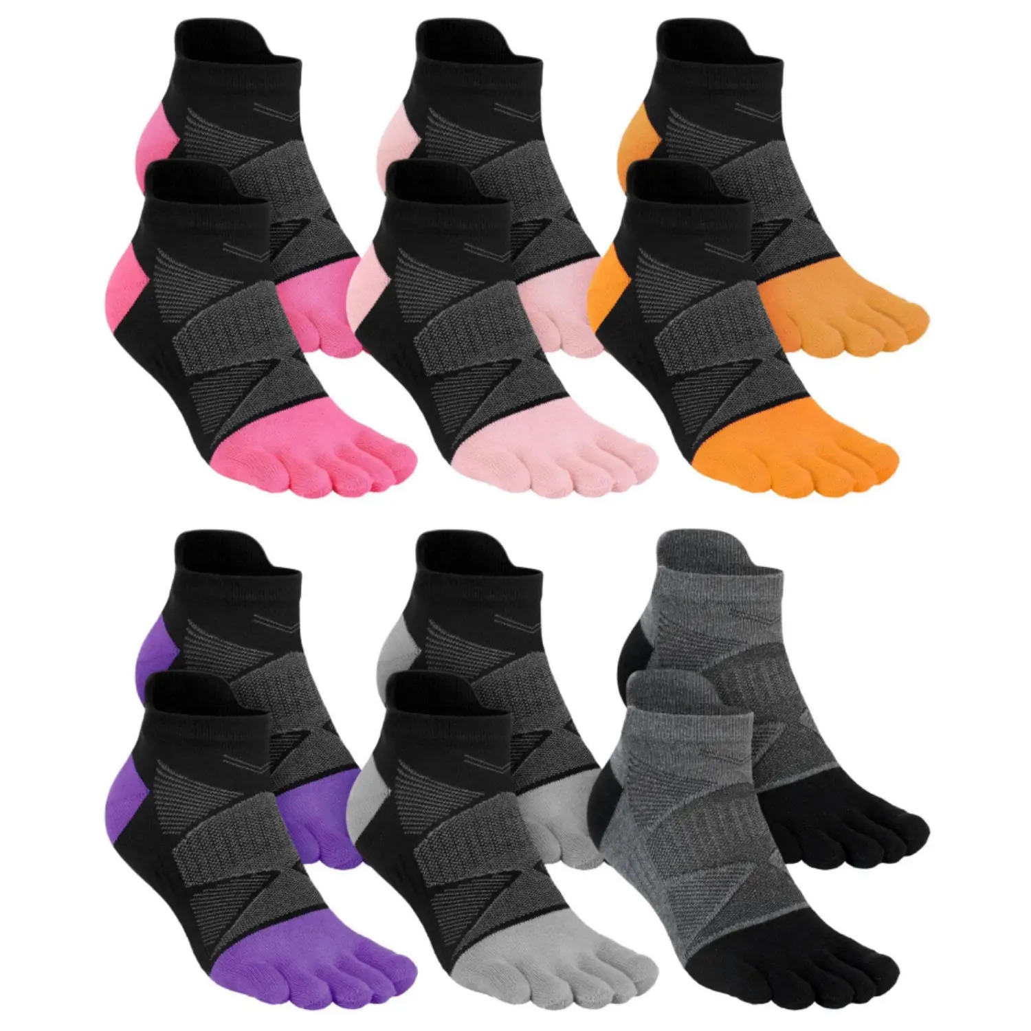 6 Pairs Women Cotton Athletic Toe Socks, Wicking Ankle Crew Socks with Toe, Arch Support Compression No Show Socks, Breathable Low Cut Finger Sock for Running Hiking
